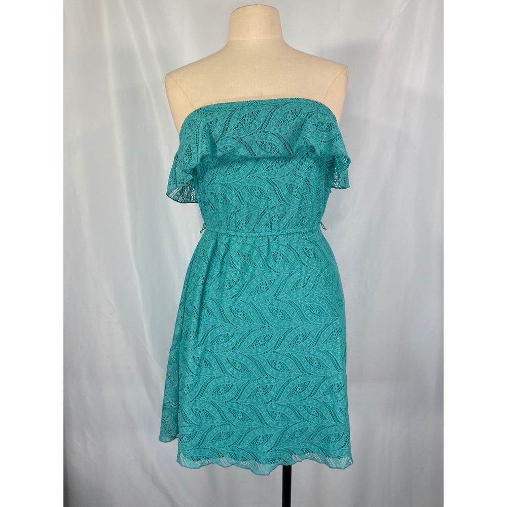 Maurices Teal Green Lace Strapless Ruffle Mini Dress Small Boho Summer Resort